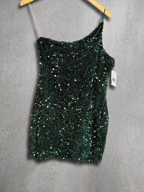 Midnight Doll Sequin One Shoulder Dress XL NWT Hunter Green Bodycon Homecoming